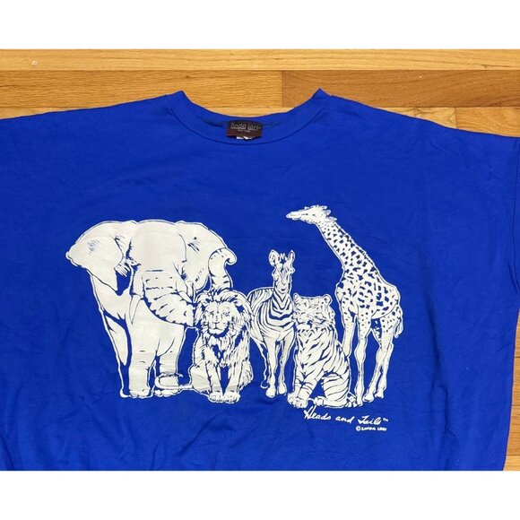 Vintage Linda Lori Sweatshirt L Blue Animal Graphic Heads and Tails Double Sided - Picture 2 of 7